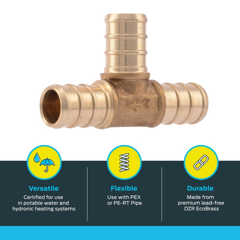SharkBite 1/2 Inch Crimp Tee, Brass Plumbing Fitting, PEX Pipe, PE-RT, UC362LFA - Image 3
